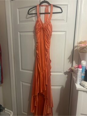 Y2K City Triangles Orange Halter Ruffle Evening Dress